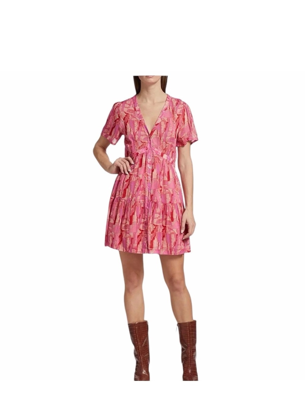 Ba&sh Talita Women’s Pink rose Printed V-Neck Short Sleeve Dress